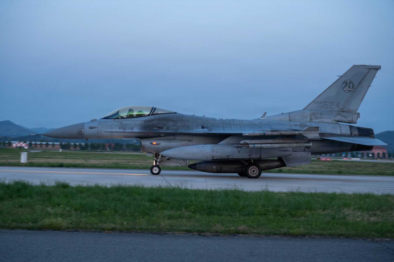 A Republic of Korea air force aircraft prepares for takeoff during a night sortie operation as part of exercise Freedom Flag 26-1, at Gwangju Air Base, Republic of Korea, April 15, 2026.
