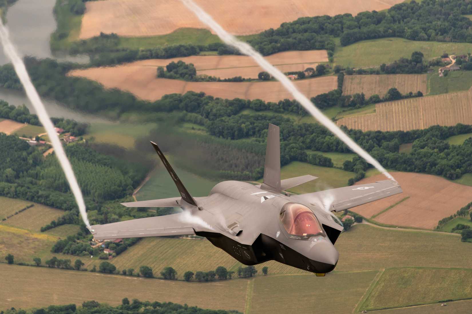 A U.S. Air Force F-35A Lightning II assigned to the 4th Fighter Squadron, Hill Air Force Base, Utah, flies over Southwestern France May 18, 2021.