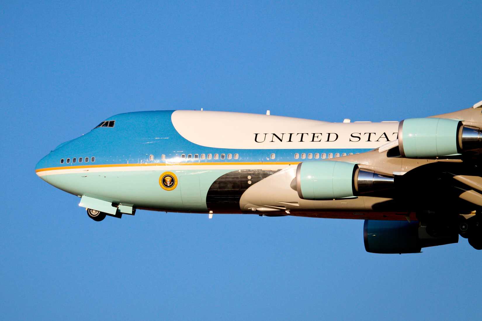 A U.S. Air Force VC-25 from the 89th Airlift Wing, known as Air Force One when the president of the United States is on board, performs a touch and go.