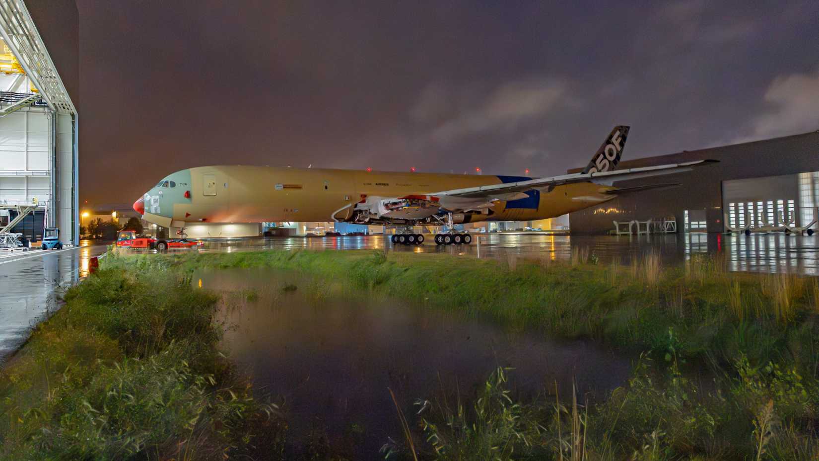 A350F being pushed out of the hangar