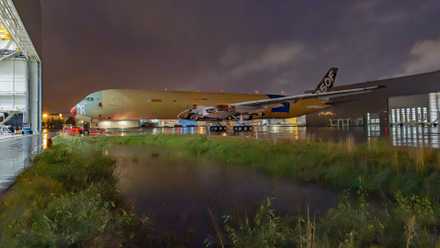 A350F being pushed out of the hanger