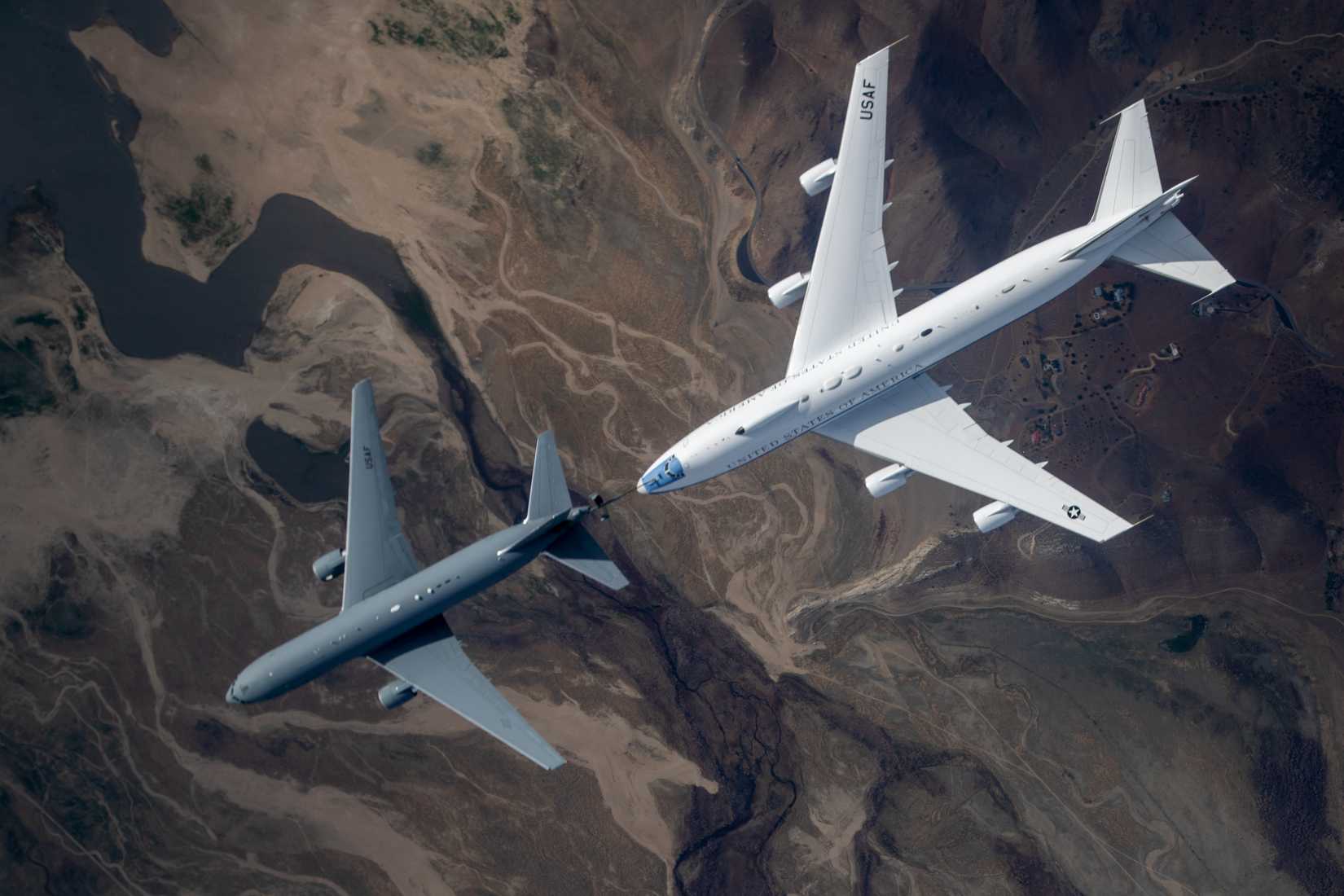 Aerial refueling testing with a KC-46 Pegasus and an E-4B Nightwatch, out of Offutt Air Force Base, Nebraska.