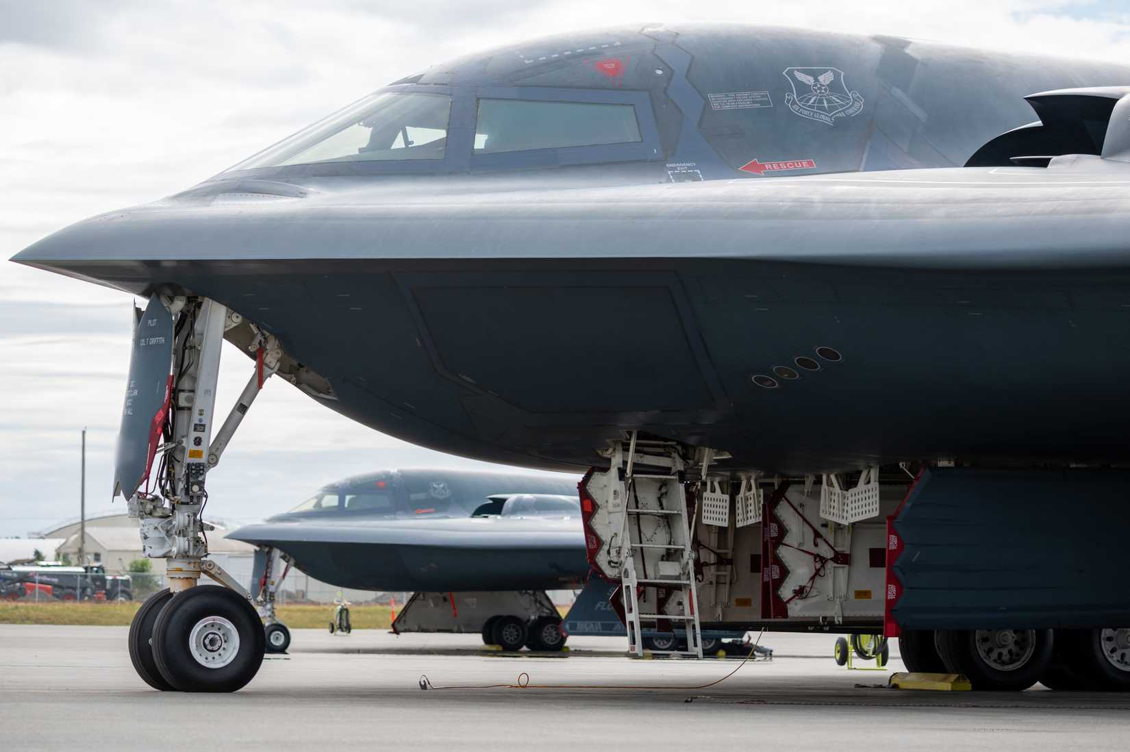 Air Force B-2 Spirits assigned to the 509th Bomb Wing sits on a runway during a summit between President Donald Trump and Russian President Vladimir Putin.