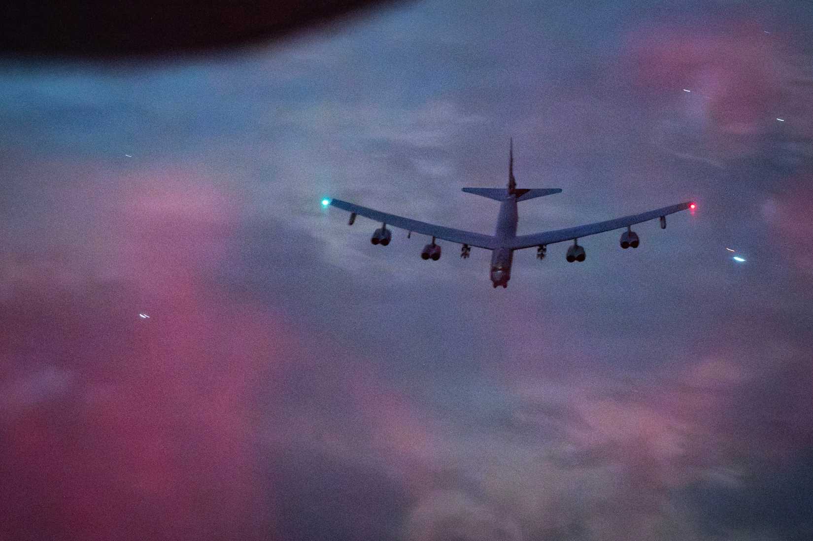 Air Force B-52 Stratofortress aircraft flies over the US Central Command area of responsibility during Operation Epic Fury.