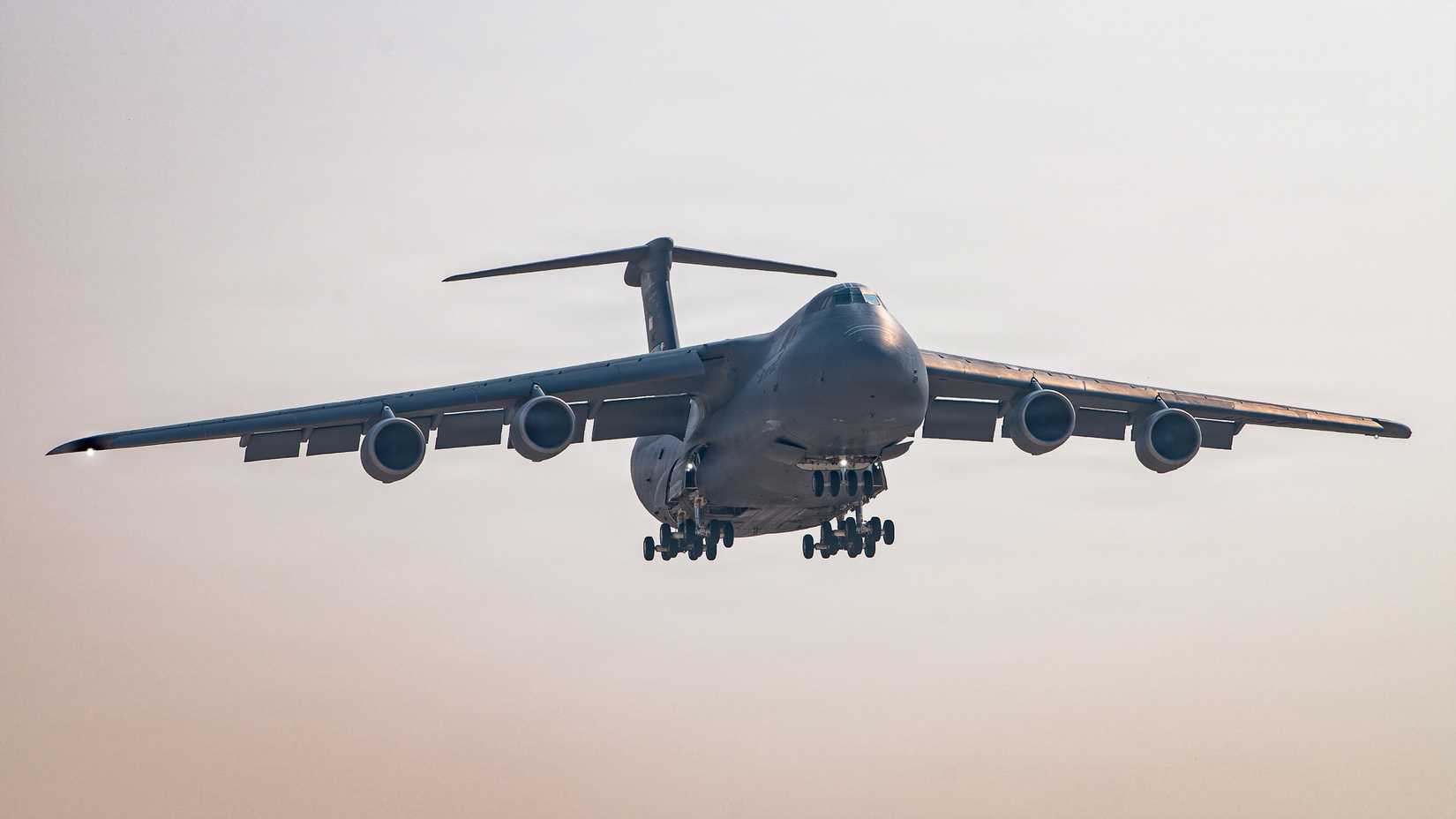 Air Force C-5M Super Galaxy aircraft approaches for landing within the U.S. Central Command area of responsibility, Dec. 6, 2025.