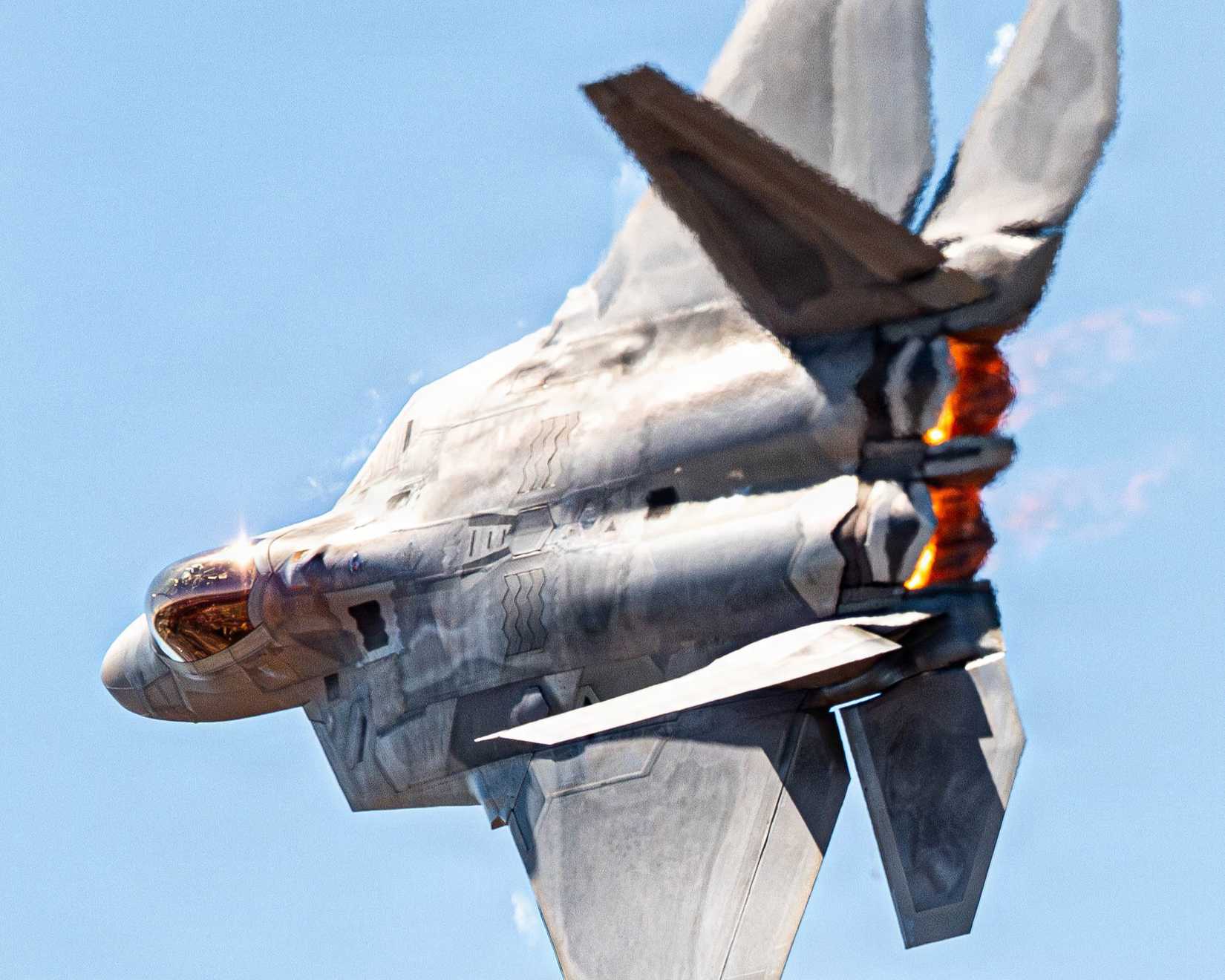 Air Force Capt. Nick “Laz” Le Tourneau, pilot and commander of the F-22 Raptor Aerial Demonstration Team, performs a practice demonstration for the 2026 Heritage Flight.