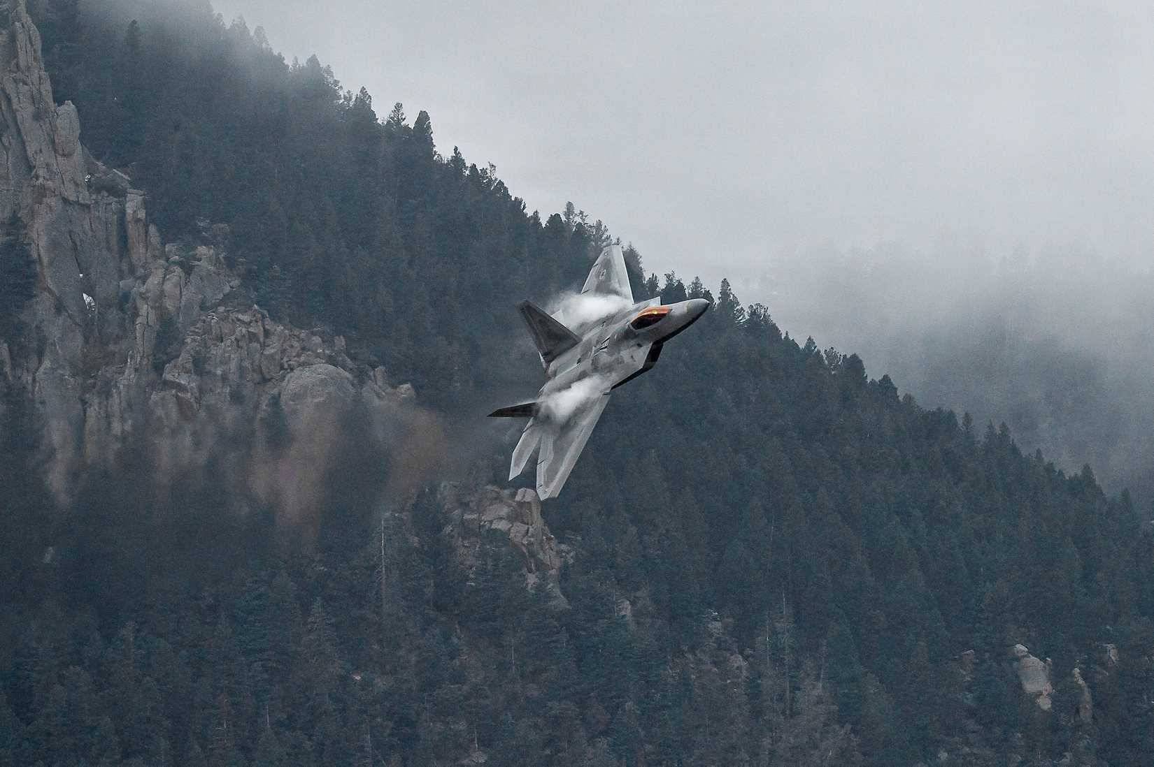 Air Force Capt. Samuel “RaZZ” Larson, F-22 Raptor Aerial Demonstration Team pilot and commander, performs at the United States Air Force Academy, Colorado Springs, CO, April 14th, 2023.