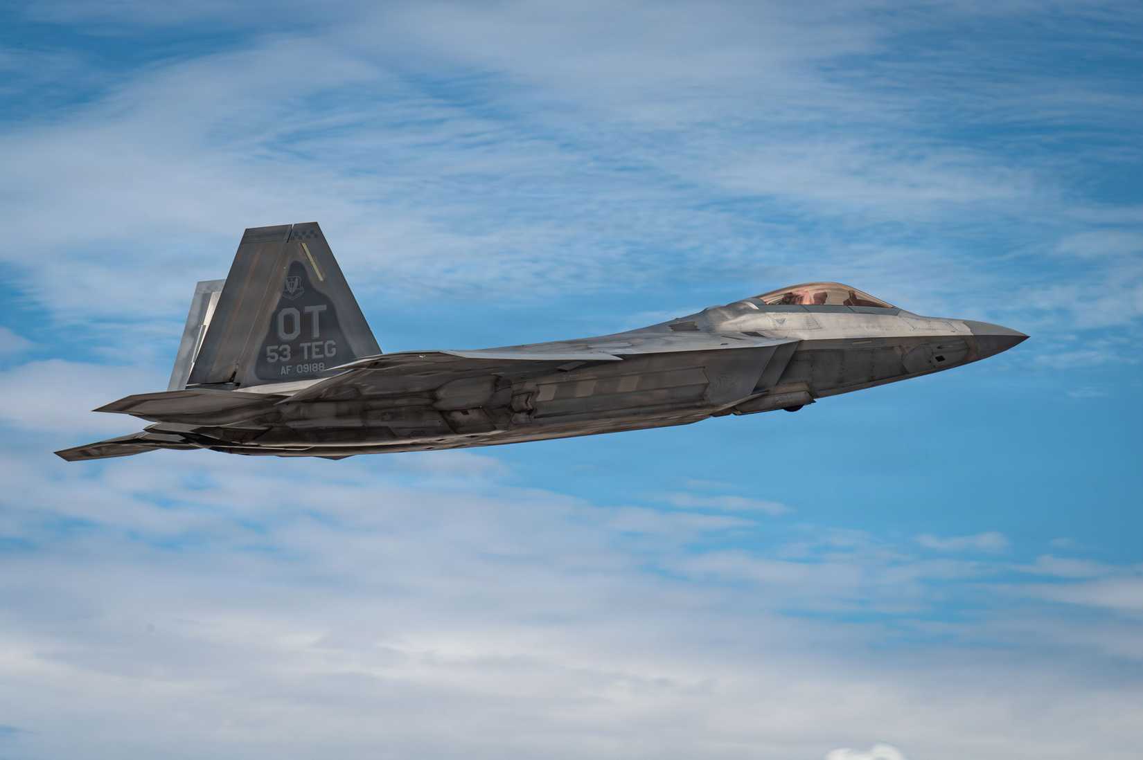 Air Force F-22 Raptor aircraft assigned to the 422nd Test and Evaluation Squadron takes off for a test mission at Nellis Air Force Base.