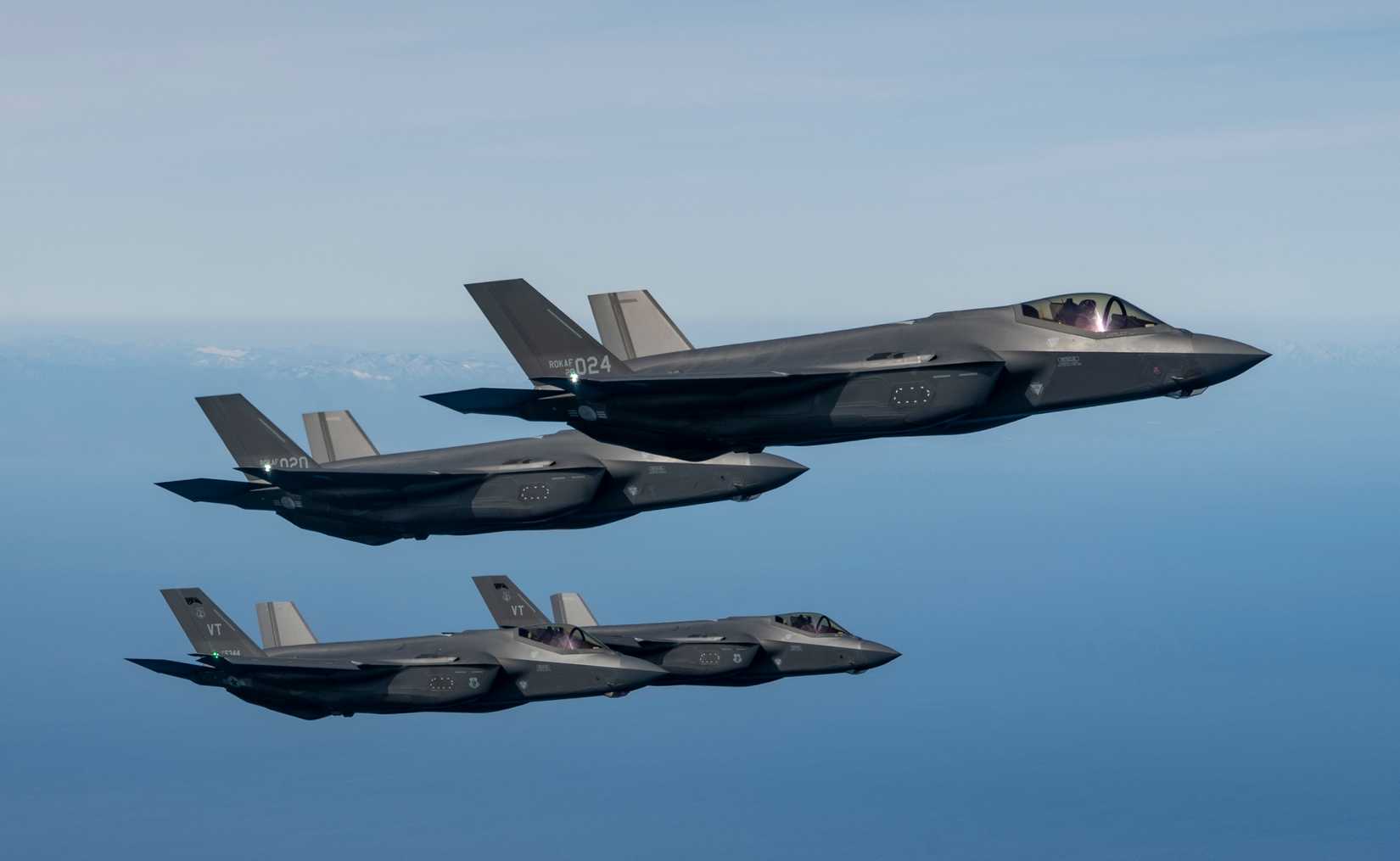 Air Force F-35A Lighting IIs fly in formation with two ROKAF F-35As during integration training as part of Freedom Shield 25, March 13, 2025.