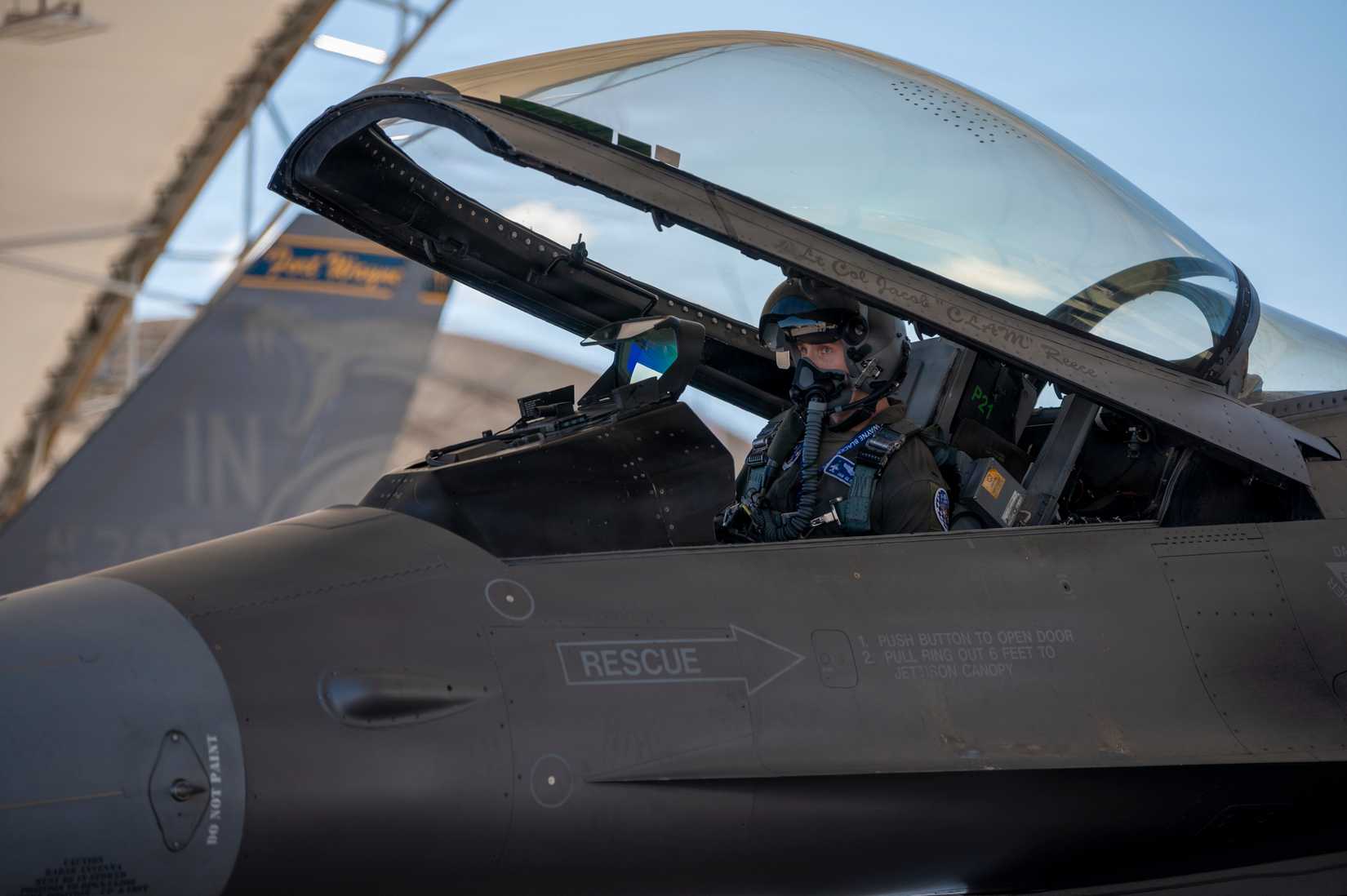Air Force pilot assigned to the 122nd Fighter Wing prepares for takeoff in an F-16 Fighting Falcon.-1