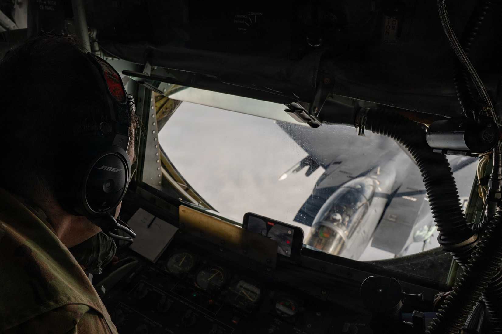 Air Force Staff Sgt Nicholas Vietri, a boom operator with the 459th Air Refueling Wing, Maryland, operates the boom of a KC-135 Stratotanker.