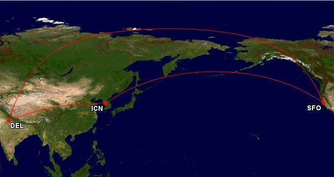 Air India flight route from Delhi to San Francisco via Seoul