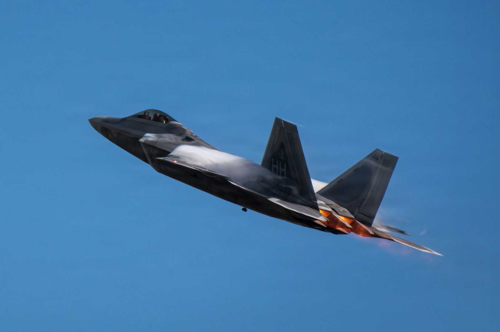 Air National Guard F-22 Raptor from the 199th Fighter Squadron, Hawaii Air National Guard, takes off.