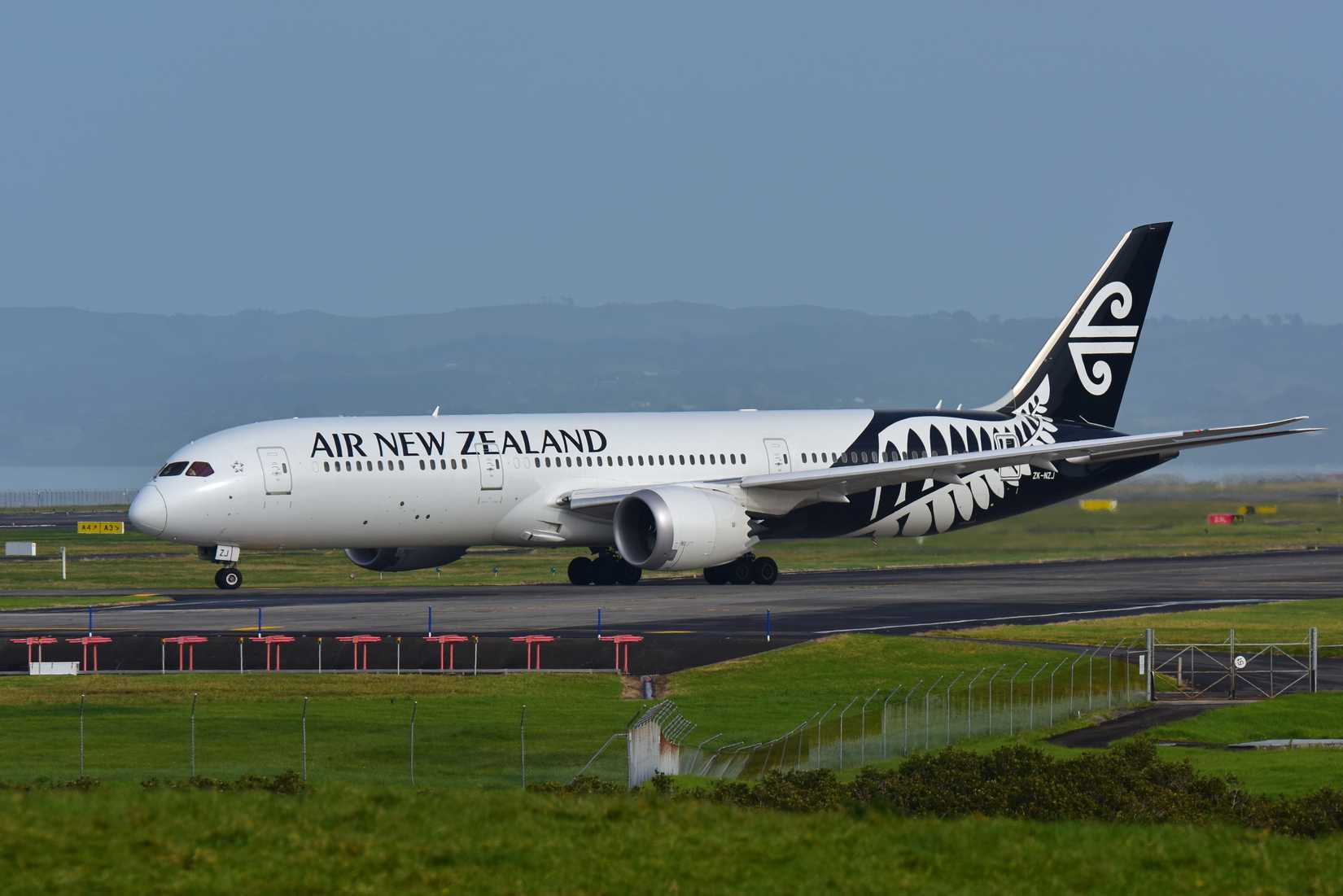 Air New Zealand Boeing 787-9 Dreamliner taxiing at Auckland International Airport.