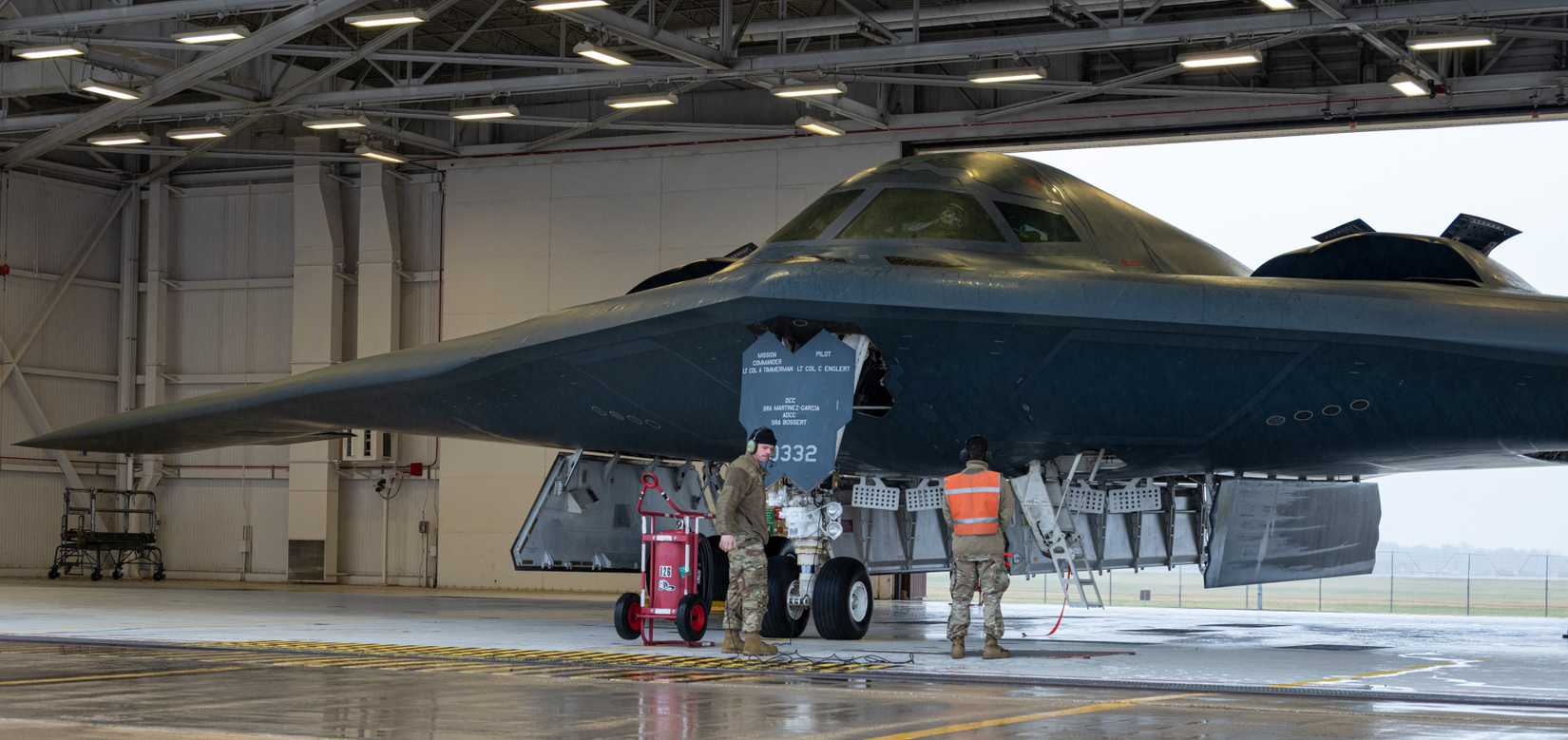 Airmen assigned to the 393rd Bomber Generation Squadron prepare a B-2 Spirit aircraft for flight during Exercise Global Thunder 26 at Whiteman Air Force Base, Missouri, Oct. 26, 2025.