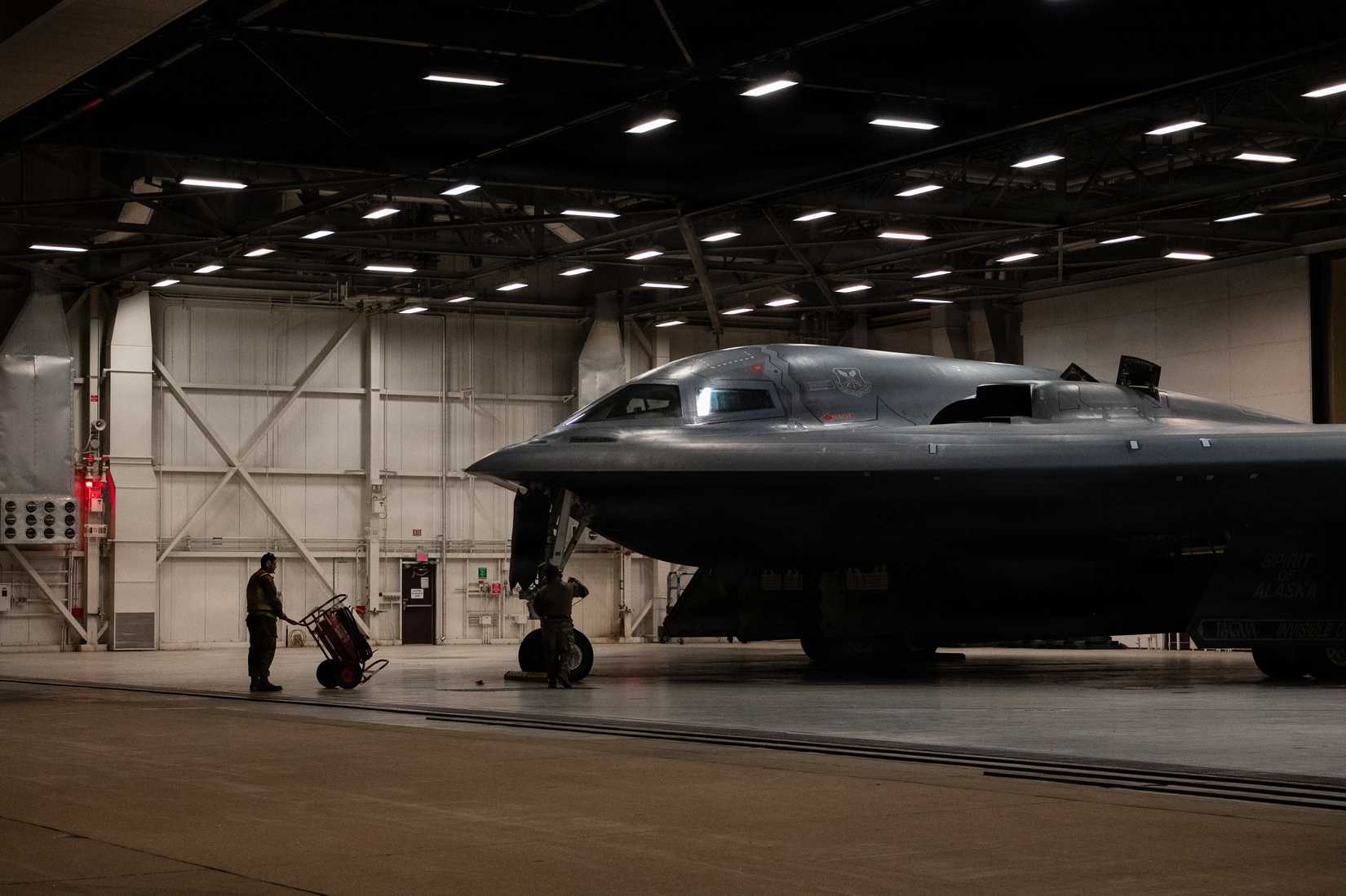 Airmen conduct preflight operations prior to a B-2 Spirit stealth bomber departing base in the U.S. Strategic Command area of responsibility in support of Operation Epic Fury, March 29, 2026.