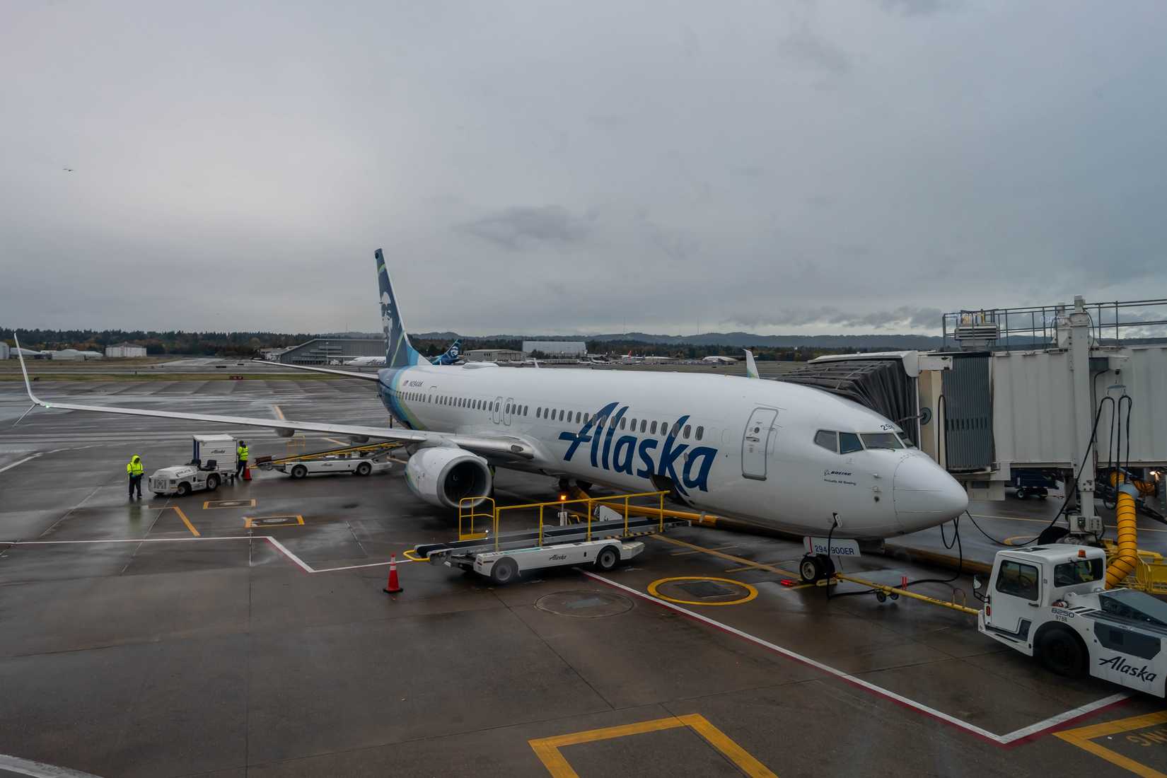 Alaska Airlines aircraft parked at gate at Portland PDX