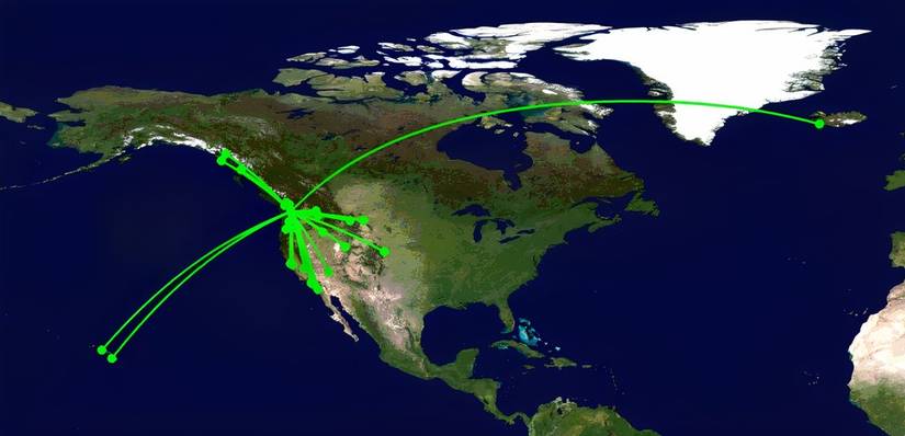 Alaska Airlines connecting map via Seattle