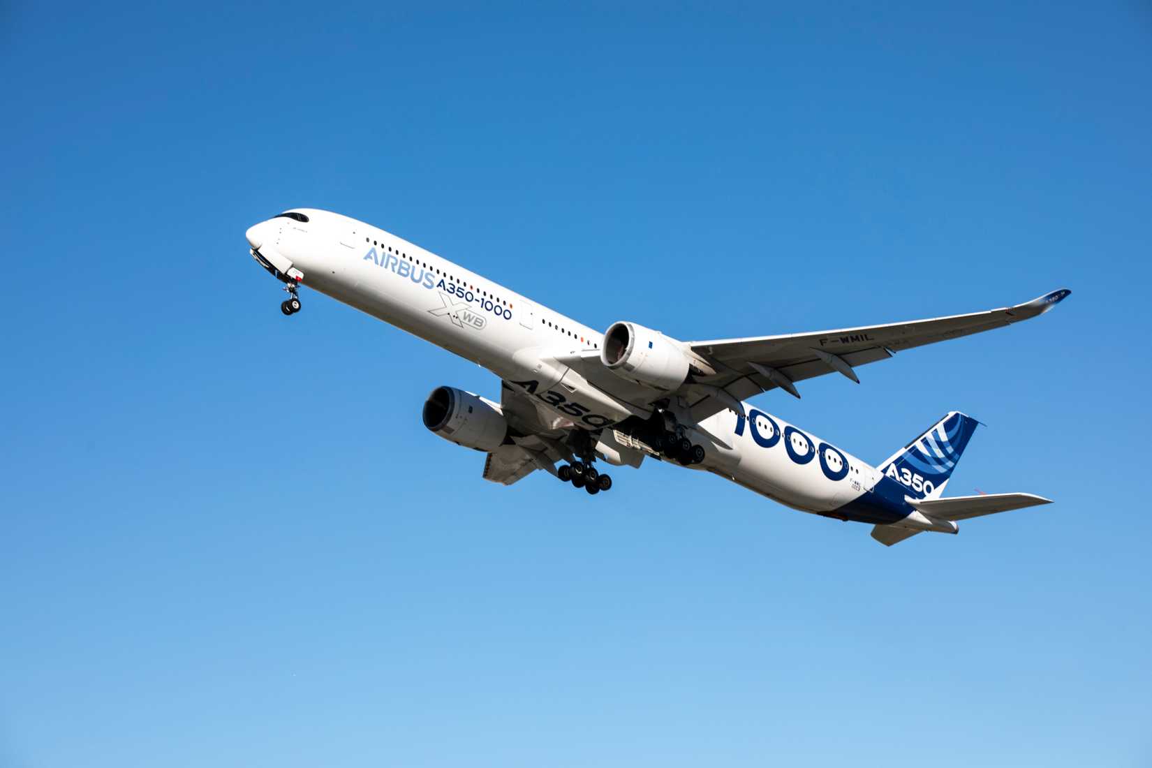 An Airbus A350-1000 takes off from Montreal Canada.