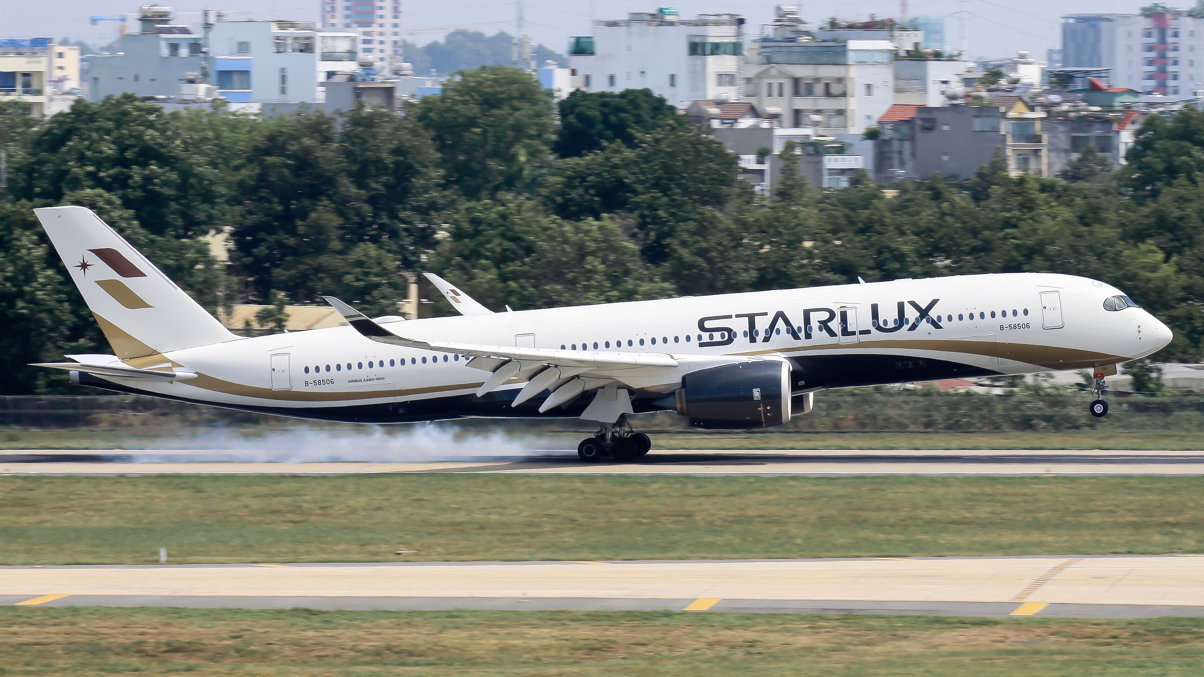 An Airbus A350-941XWB of Starlux Airlines with registration B-58506 lands at Tan Son Nhat international airport.