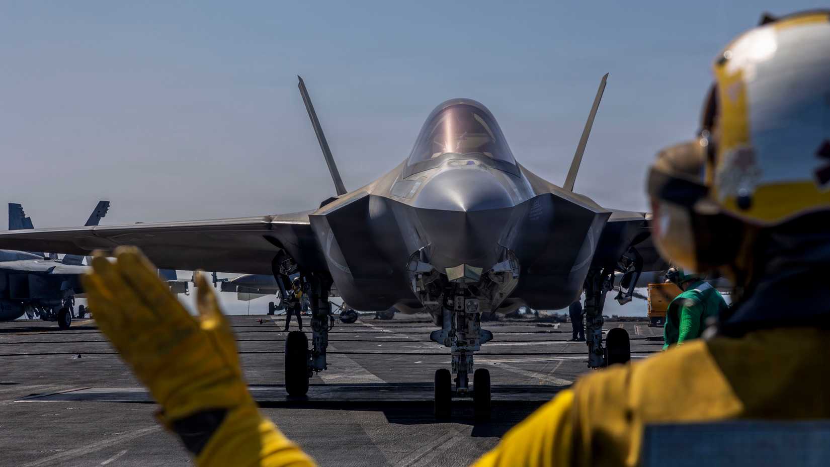 An F-35C Lightning II, attached to Marine Fighter Attack Squadron (VMFA) 314, prepares to launch from the flight deck of Nimitz-class aircraft carrier USS Abraham Lincoln (CVN 72).