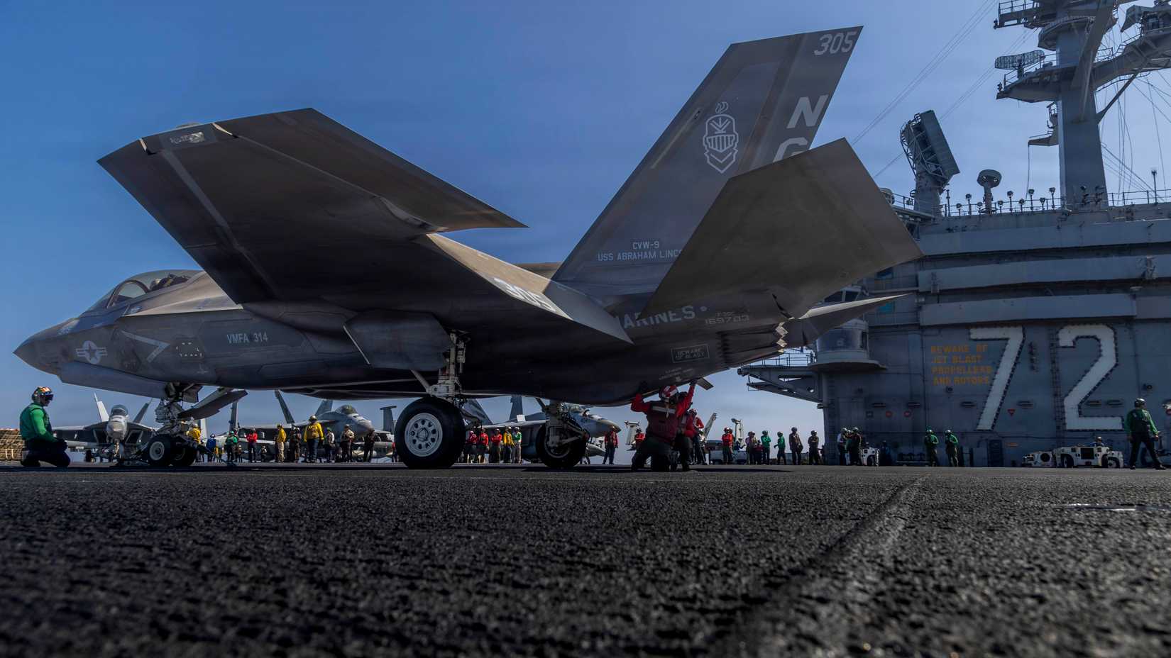 An F-35C Lightning II, attached to Marine Fighter Attack Squadron (VMFA) 314, prepares to launch from the flight deck.