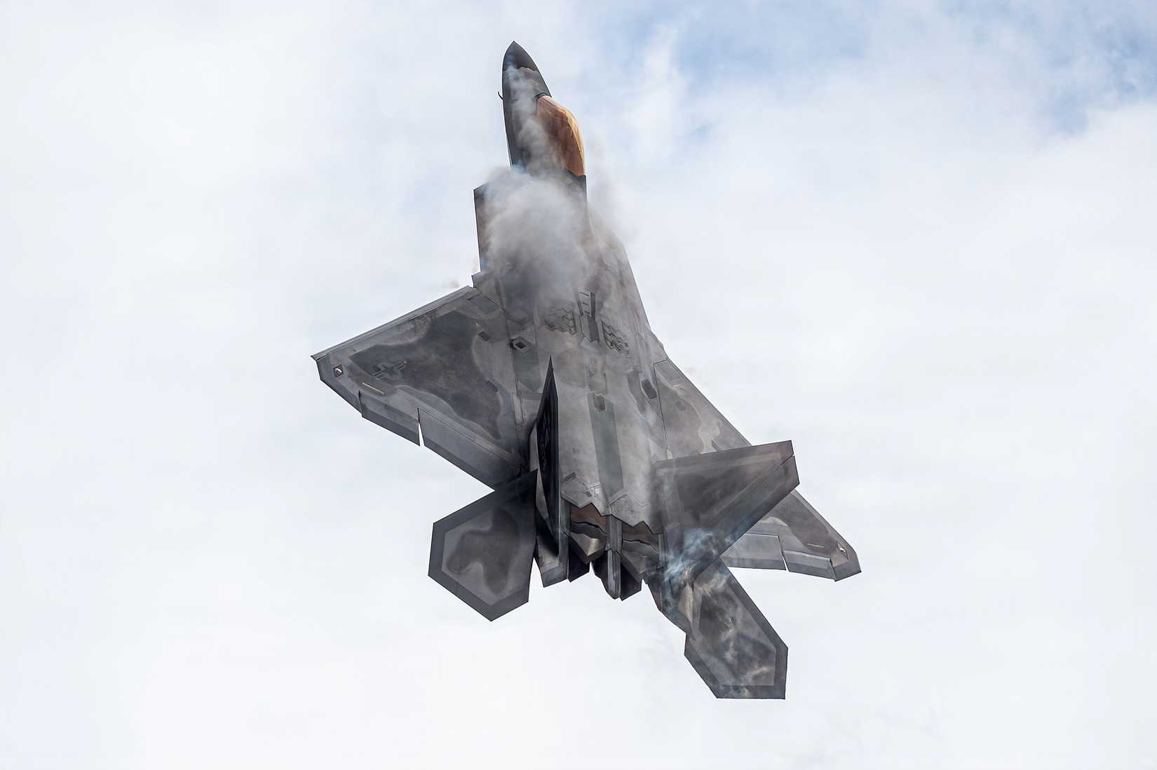 April 14th, 2023. The F-22 Raptor Aerial Demonstration showcases the unmatched maneuverability of the airframe.