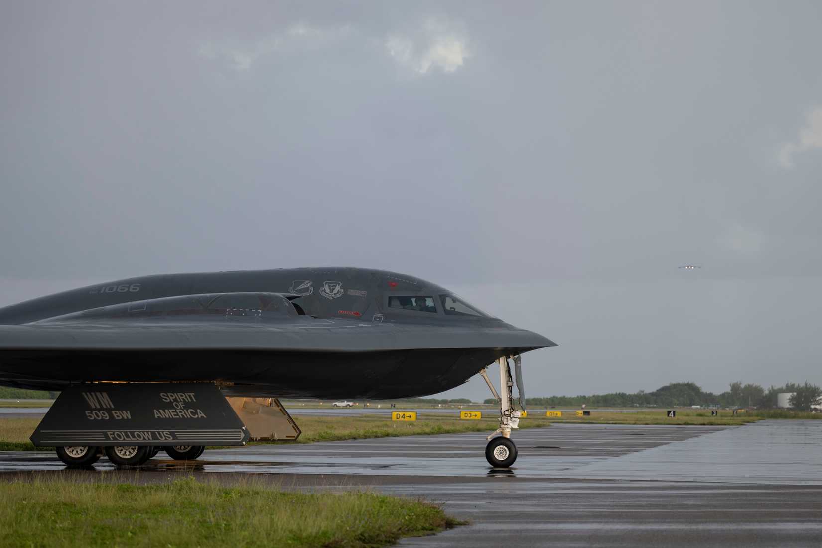B-2 Bomber taxiing on wet taxiway