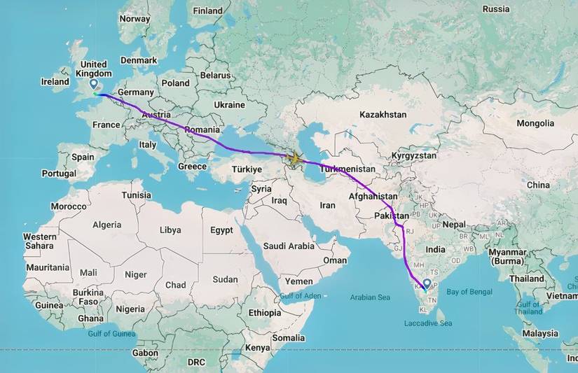 BA LHR-BLR flight map