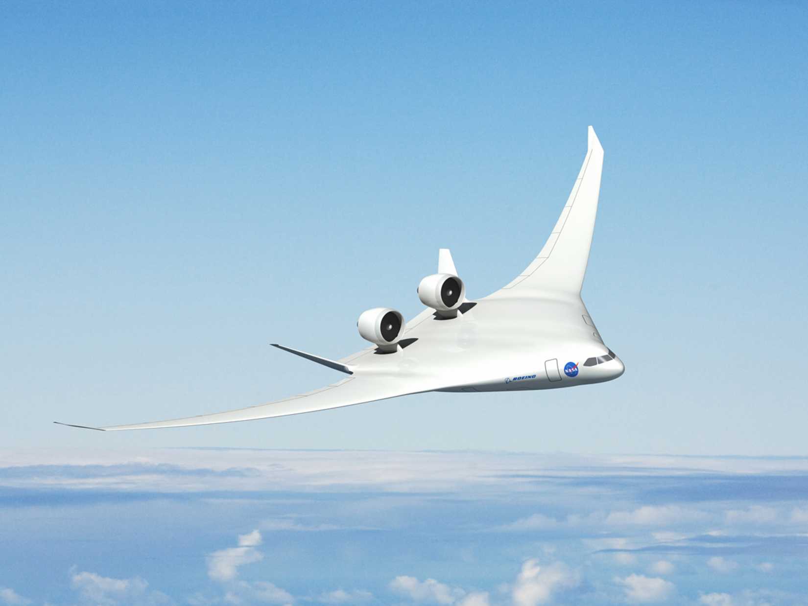  Boeing's advanced vehicle concept centers around the familiar blended wing body design like the X-48. What makes this design different is the placement of its Pratt & Whitney geared turbofan engines on the top of the plane's back end, flanked by two vertical tails to shield people on the ground from engine noise. The design also uses other technologies to reduce noise and drag, and long-span wings to improve fuel efficiency. This design is among those presented to NASA at the end of 2011