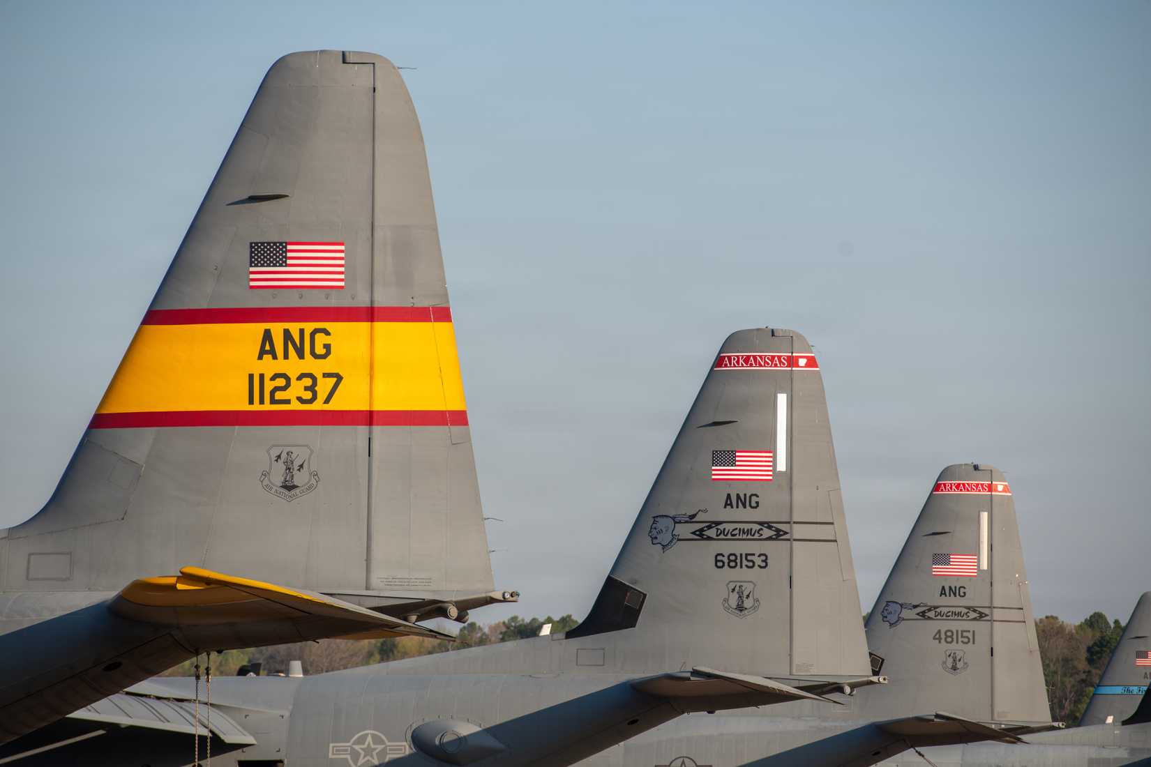 C-130 aircraft assigned to the Arkansas Air National Guard's 189th Airlift Wing await for daily operations at Little Rock Air Force Base on March 26, 2026.