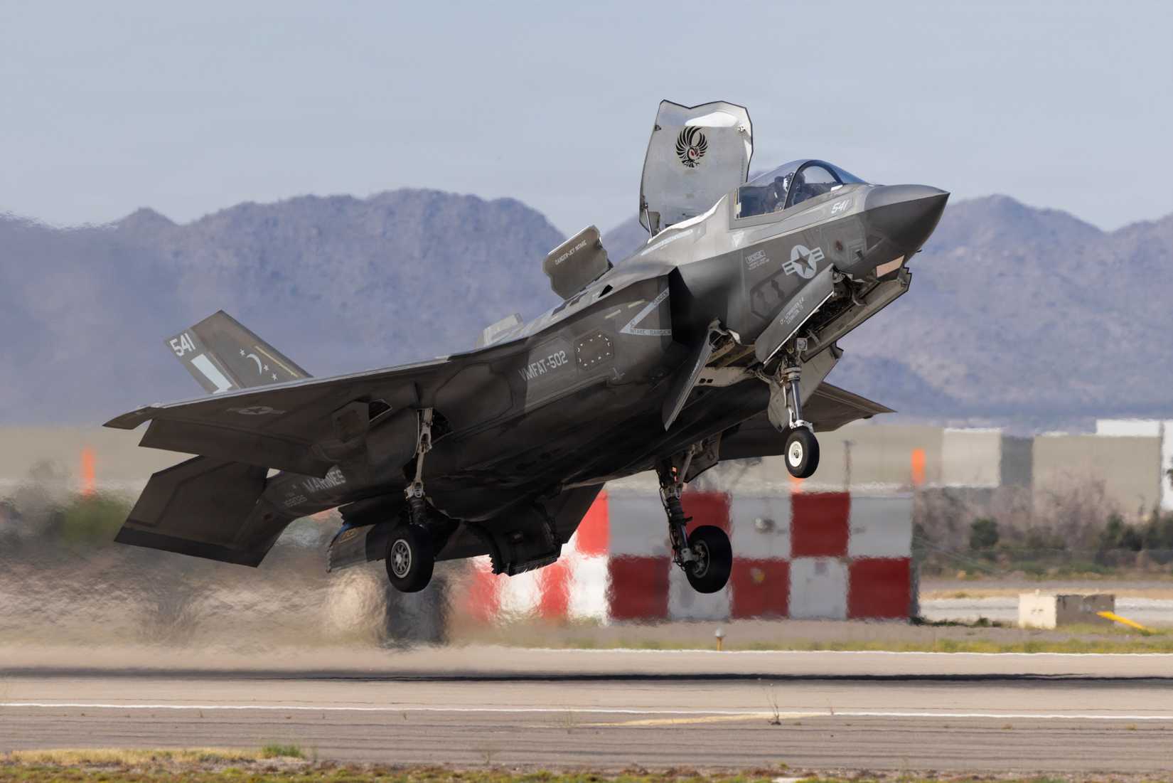Demonstrating short takeoff capability, a U.S. Marine Corps F-35 takes to the sky to begin its flying demonstration.