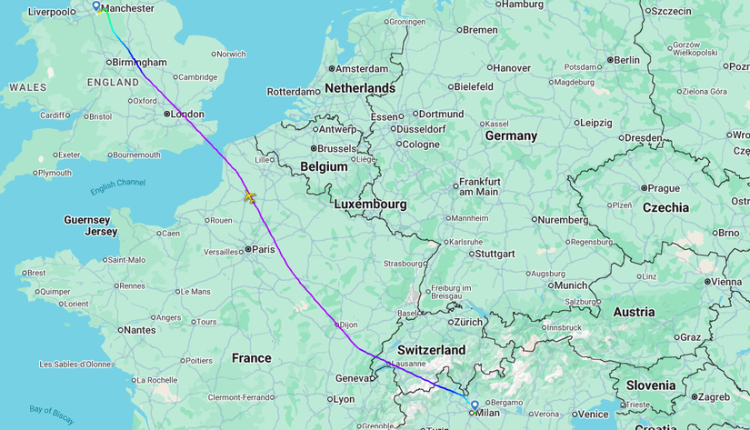 easyJet Milan Manchester Flight Map