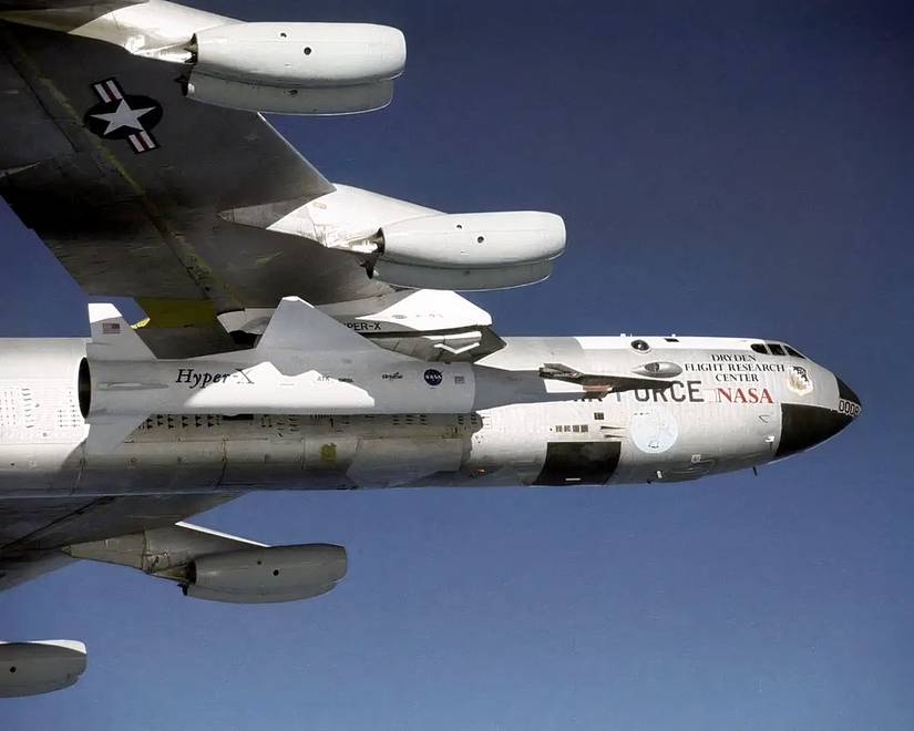 Hyper-X test-craft attached to an underwing pylon of a B-52