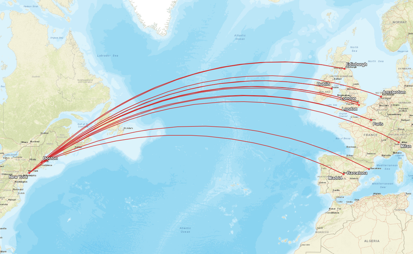نقشه مسیر اروپا JetBlue