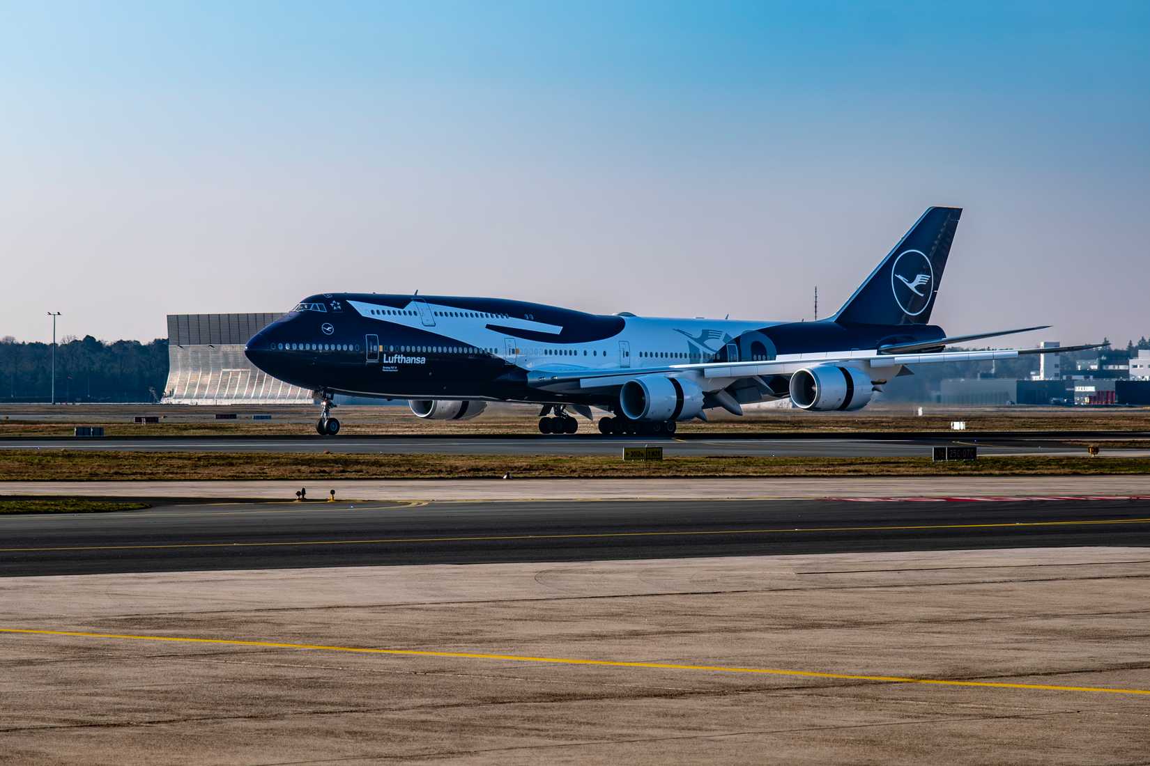 Lufthansa Boeing 747-8 in 100 year livery arriving in Frankfurt.