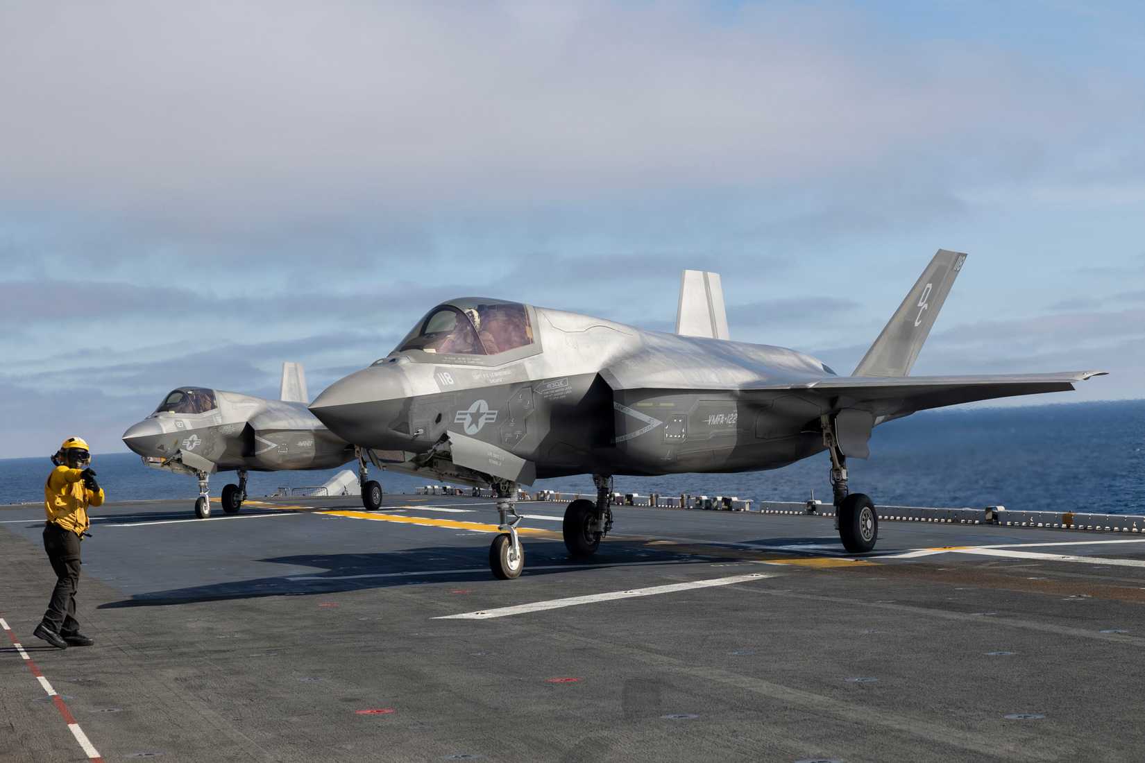 Marine Corps F-35B Lightning II attached to Marine Fighter Attack Squadron (VMFA) 122, 11th Marine Expeditionary Unit, are staged on the flight deck.