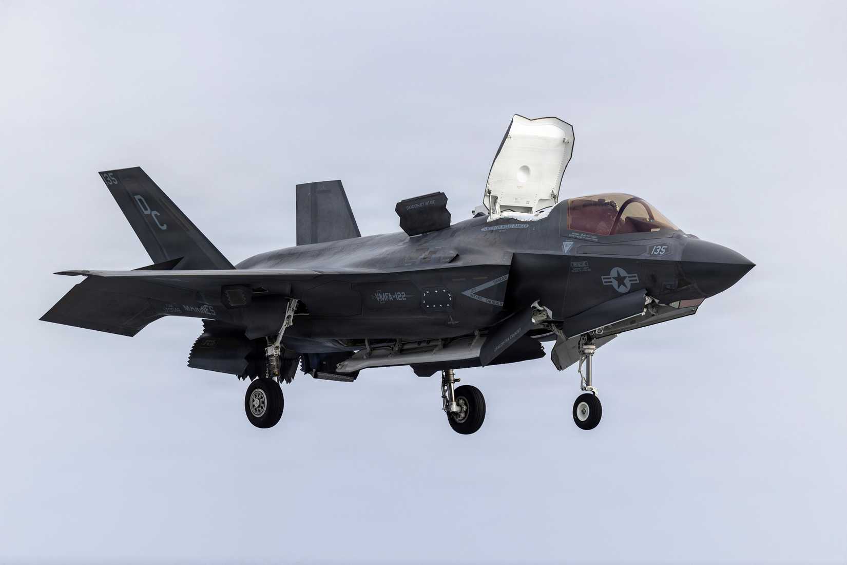 Marine Corps F-35B Lightning II attached to Marine Fighter Attack Squadron (VMFA) 122, 11th Marine Expeditionary Unit, prepares to land.