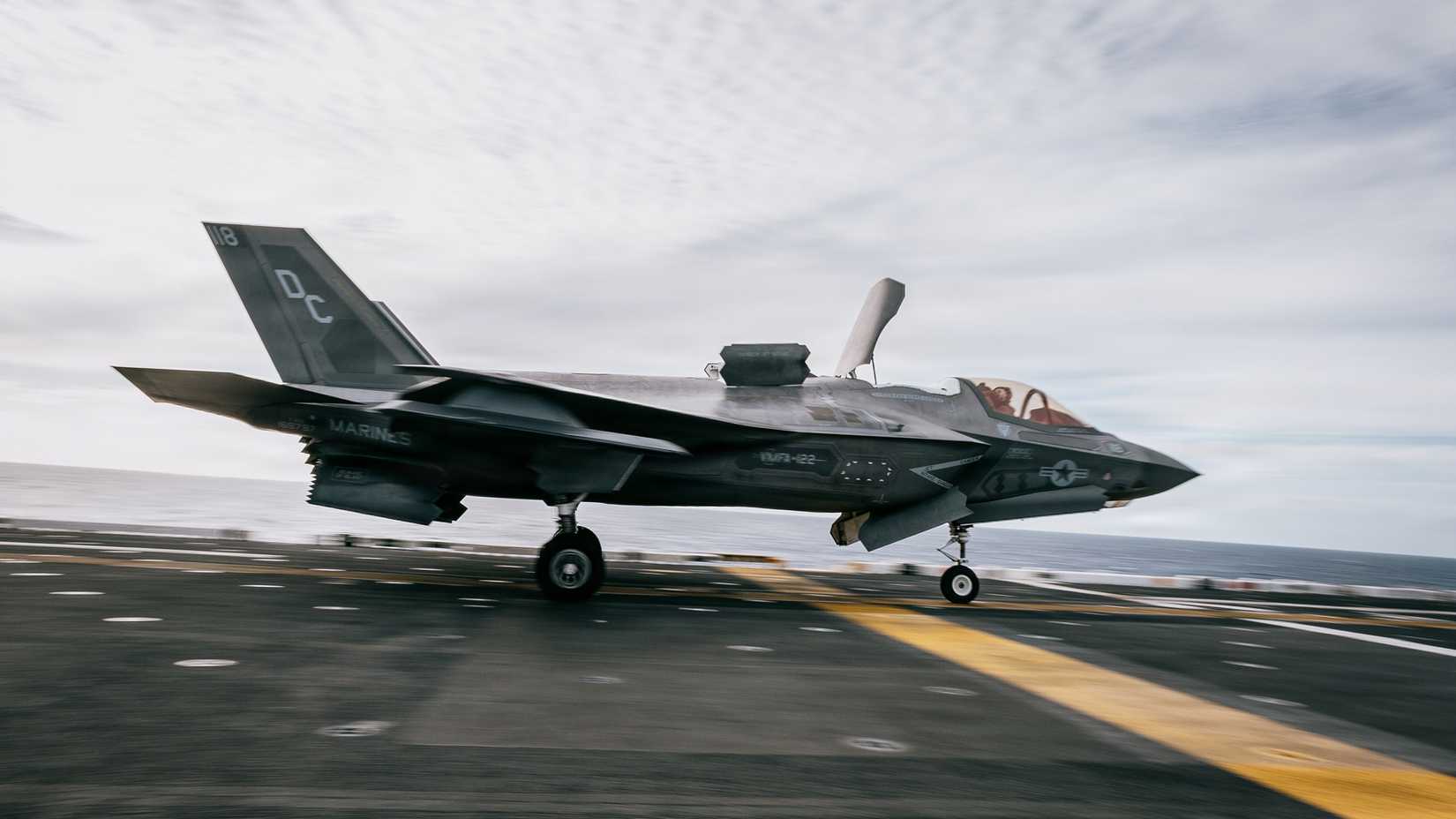 Marine Corps F-35B Lightning II with Marine Fighter Attack Squadron (VMFA) 122, 11th Marine Expeditionary Unit, takes off from the flight deck.