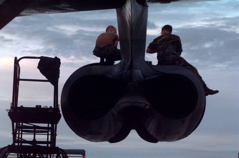 Members of the 96th Bomber Maintenance Squadron perform post-mission maintenance on a US Air Force B-52 Stratofortress.