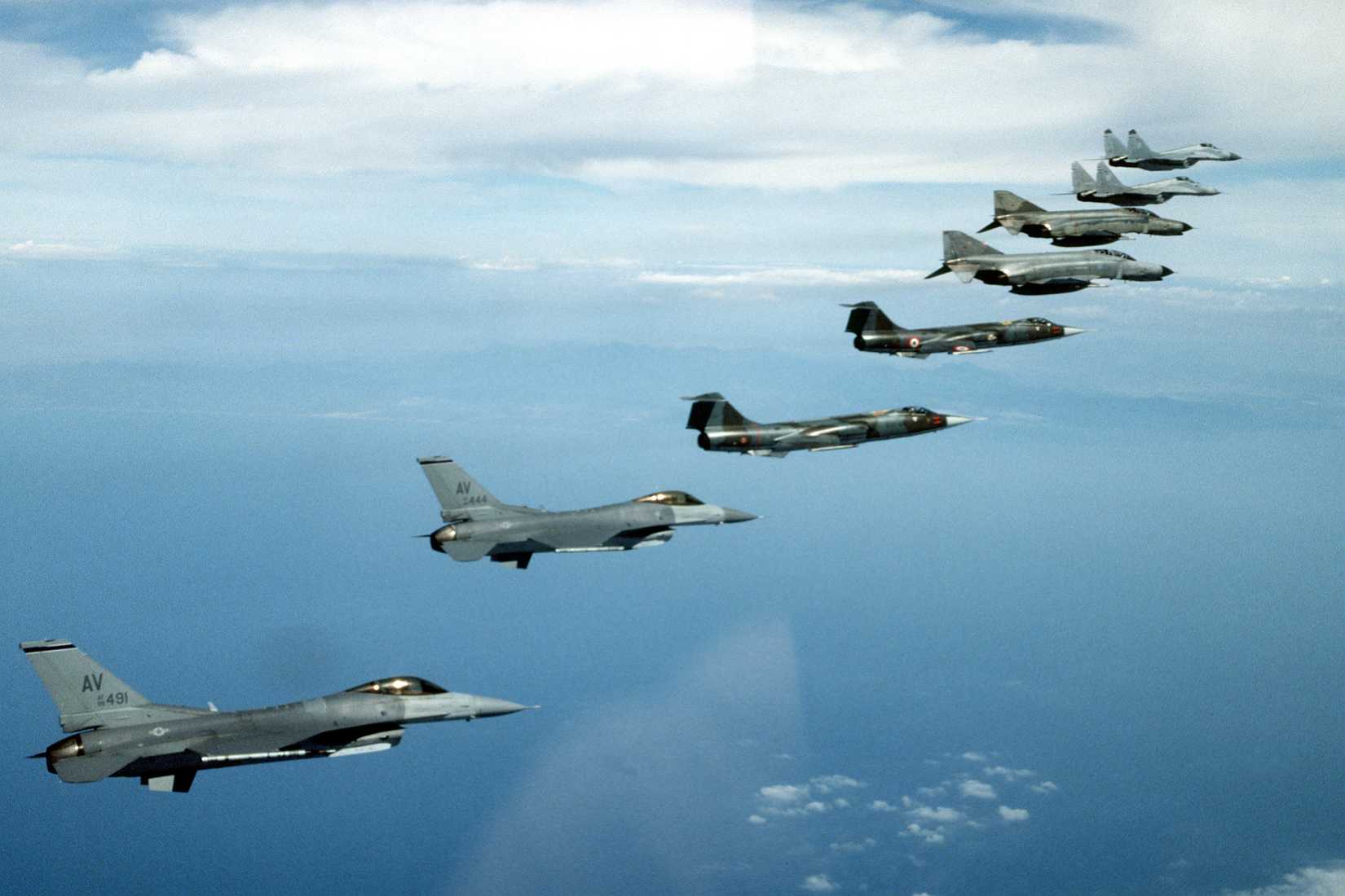 A formation of NATO fighters on 1 May 1995: 2 USAF F-16C; 2 Italian Air Force F-104S Starfighters; - 2 German Luftwaffe F-4F Phantom IIs and 2 German MiG-29A