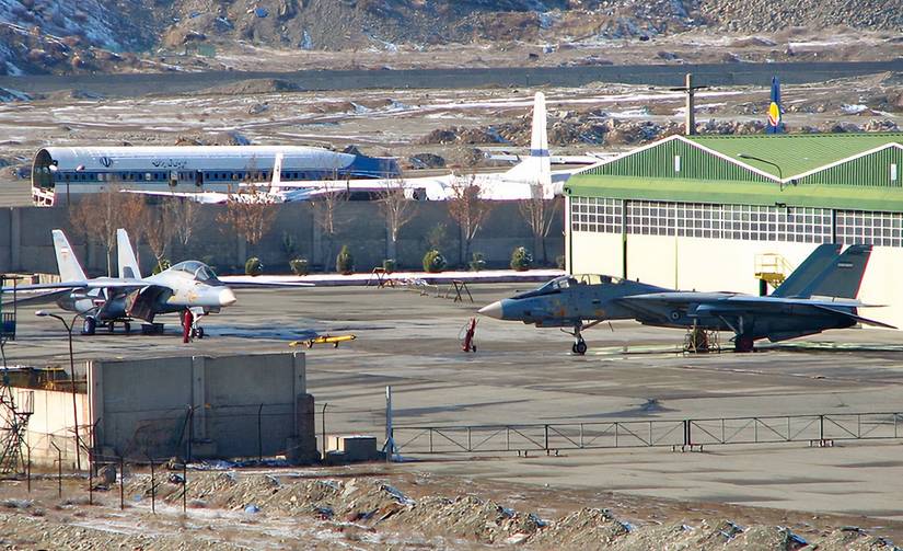 Two parked Islamic Republic of Iran Air Force F-14 Tomcats at Mehrabad International Airport.