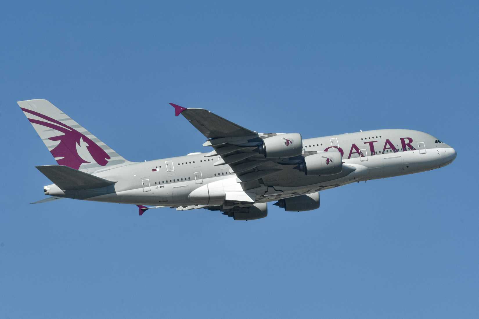 Qatar Airways Airbus A380 A7-APE departing London Heathrow.