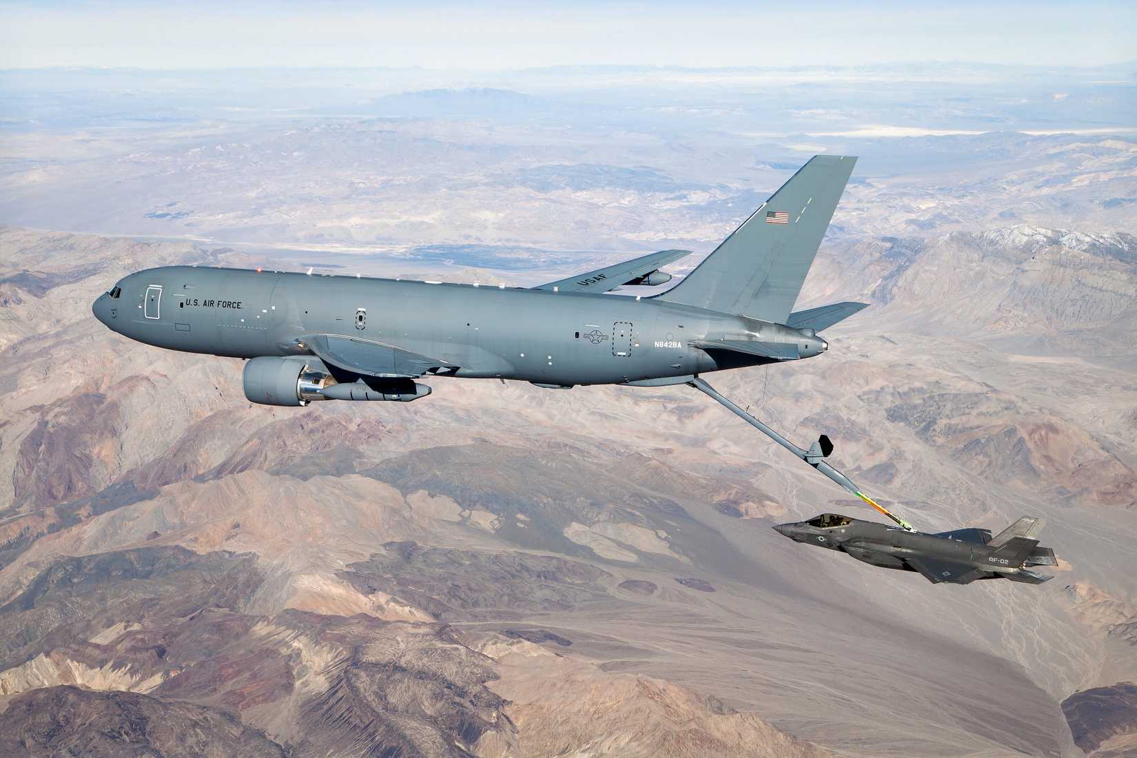 An F-35 is refueling with a KC-46 Pegasus