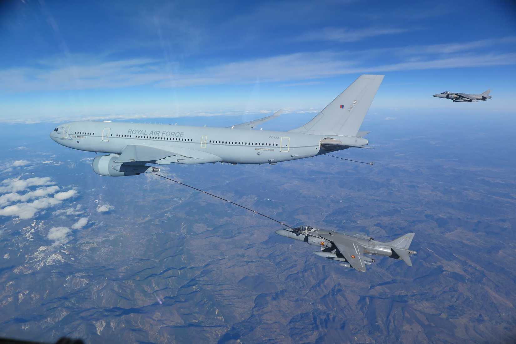 Royal Air Force A330 tanker performs aerial refueling of a Spanish Navy AV-8B Harrier during combined long range strike training, Feb. 20, 2023.
