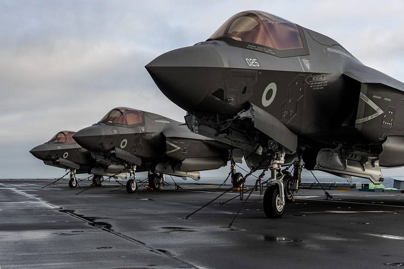 Royal Navy F-35Bs parked on the flight deck.
