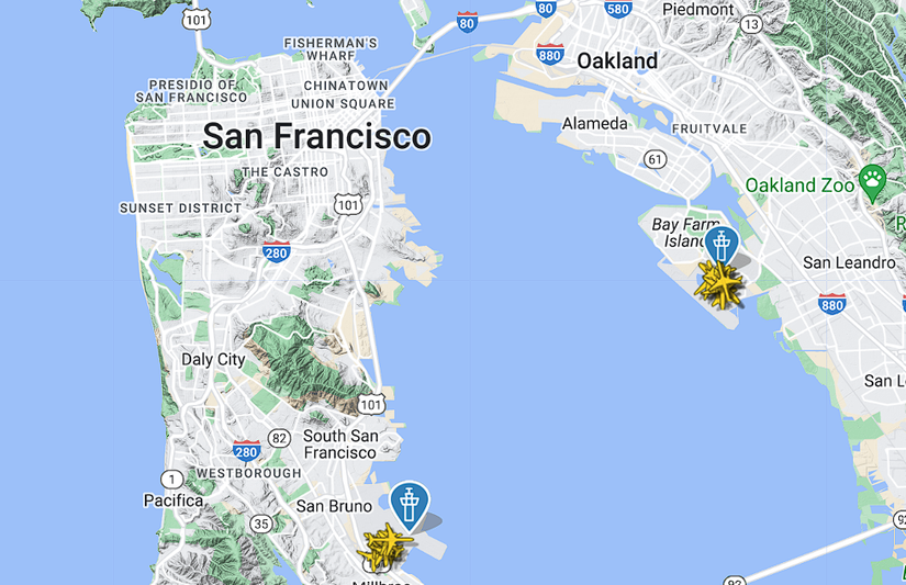 SFO and OAK airports on a map