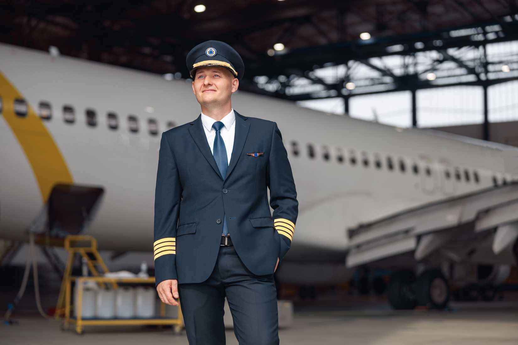 Pilot In Front Of Plane In Hangar