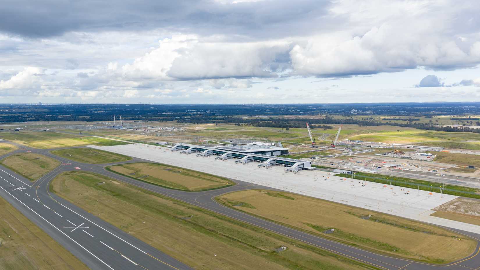 Drone aerial photograph of the new Western Sydney International Airport precinct currently under construction 2025