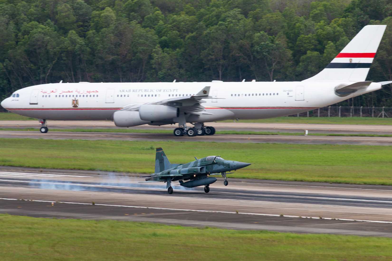 Brazilian Air Force F-5 fighter jet landing in front of an Egypt government Airbus A340 at Rio Airport. November 18, 2024